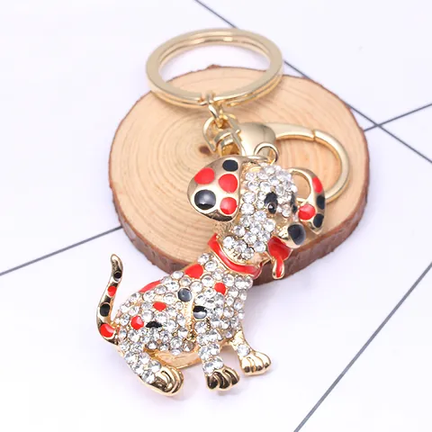 Cartoon Dalmatian Dog Keychain Rhinestone Alloy Animal Bag Charm Gold Plated Crystal Puppy Key Ring Pendant Women Jewelry