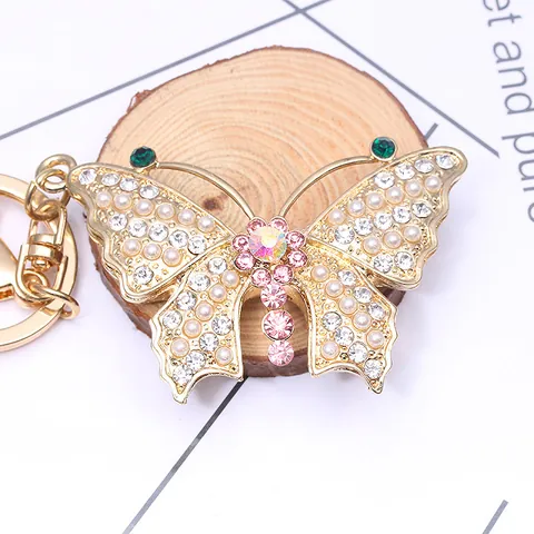 Gold Alloy Butterfly Keychain With Rhinestone Artificial Pearl Embellishments Elegant 3D Butterfly Bag Pendant Key Ring For Women Gift