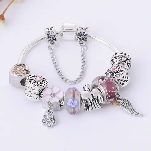 Bracciale Ciondolo Ala Angelo Rame Placcato Argento 925 Catena Serpente Cuore Fiore Perline Vetro Smalto Gioielli Donna Regalo
