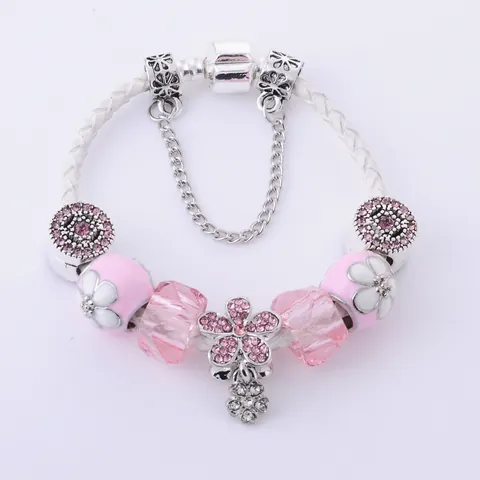 Dames Mode Roze Kristallen Glaskraal Charm Armband Wit Gevlochten Leren Koord Verzilverd Bloem Hanger Romantische Meisjesachtige DIY Sieraden Cadeau
