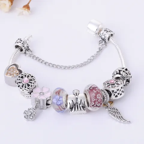 Bracciale Ciondolo Ala Angelo Rame Placcato Argento 925 Catena Serpente Cuore Fiore Perline Vetro Smalto Gioielli Donna Regalo