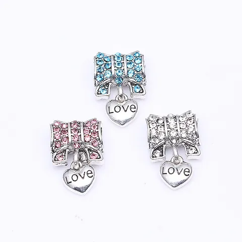 Breloques en Alliage Nœud Cœur Love Incrustées de Strass Perles pour Bracelet DIY Femmes Accessoires de Bijoux