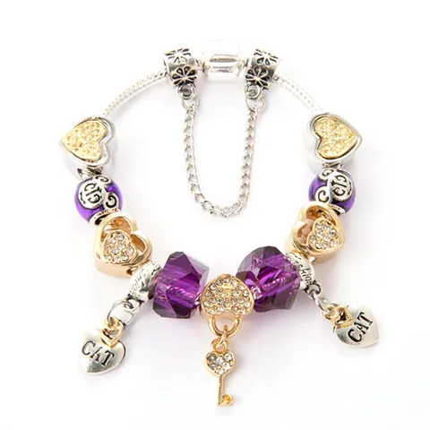 Pulsera De Cuentas Para Mujer De Moda Con Colgante De Llave De Bloqueo De Corazón Joyería De Aleación De Cristal Púrpura Cadena De Hueso De Serpiente Regalo