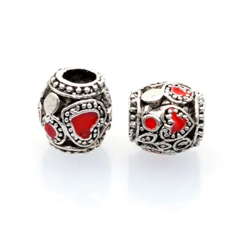 Breloques en Alliage Vintage Forme de Cœur Émail pour Fabrication de Bijoux DIY Perles Creuses Argentées pour Bracelet Collier