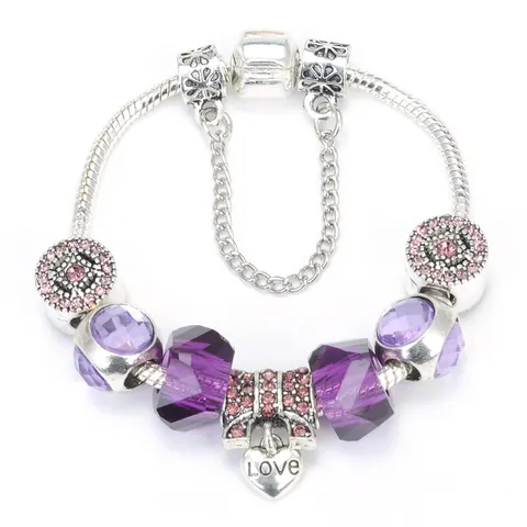 DIY Kralen Charm Armband Voor Vrouwen Verzilverd Hart Love Hanger Paars Kristal Strik Slangenketting Mode Sieraden Cadeau