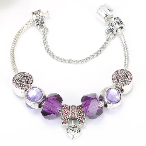 DIY Kralen Charm Armband Voor Vrouwen Verzilverd Hart Love Hanger Paars Kristal Strik Slangenketting Mode Sieraden Cadeau
