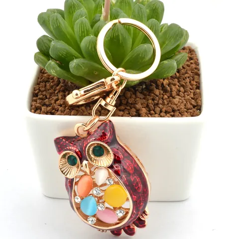 Creative Owl Rhinestone Keychain With Multi Color Cat Eye Stone Alloy Enamel Bird Pendant Key Ring For Car Bag Decor Women Jewelry