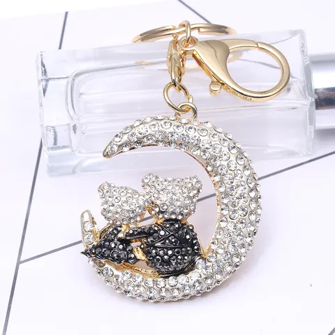 Korean Style Rhinestone Crescent Moon With Two Bears Keychain Gold Alloy Key Ring Bag Charm Pendant For Women Couples Gift