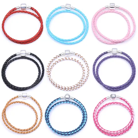 Bracelet en Cuir Tressé DIY Avec Fermoir en Alliage Plaqué Argent Chaîne de Base Double Tour pour Fabrication de Bijoux Femme