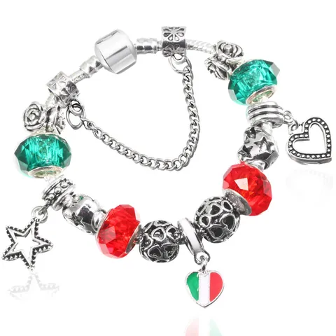 Braccialetto Charm con Perline in Rame Placcato Argento Pendente Cuore Bandiera Italia Stella Catena a Serpente Gioielli Donna