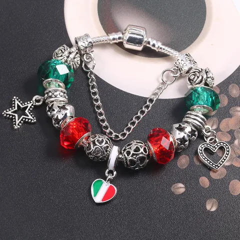 Braccialetto Charm con Perline in Rame Placcato Argento Pendente Cuore Bandiera Italia Stella Catena a Serpente Gioielli Donna