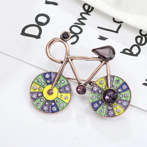 Vintage Bicycle Brooch Colorful Enamel Wheel Bronze Alloy Rhinestone Pin For Unisex Daily Decor Fashion Jewelry Gift