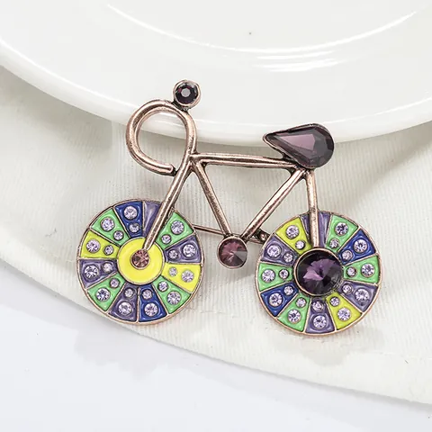 Vintage Bicycle Brooch Colorful Enamel Wheel Bronze Alloy Rhinestone Pin For Unisex Daily Decor Fashion Jewelry Gift