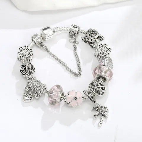 Pulsera de Charms DIY Con Cuentas de Cristal de Murano Rosa Flor de Esmalte Corazón Colgantes de Palmera Cadena de Serpiente Plateada Joyería Mujer