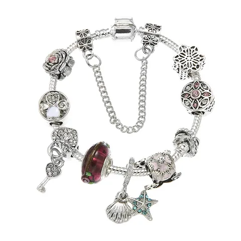 Pulsera de Charms de Aleación Plateada con Colgante de Corazón Llave Cuentas de Vidrio de Murano Cadena de Serpiente Mujer