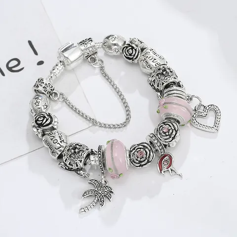 Pulsera de Cadena de Serpiente con Dijes DIY Plateada Aleación Cuentas de Vidrio Rosa Colgante de Flamenco Joyería Mujer