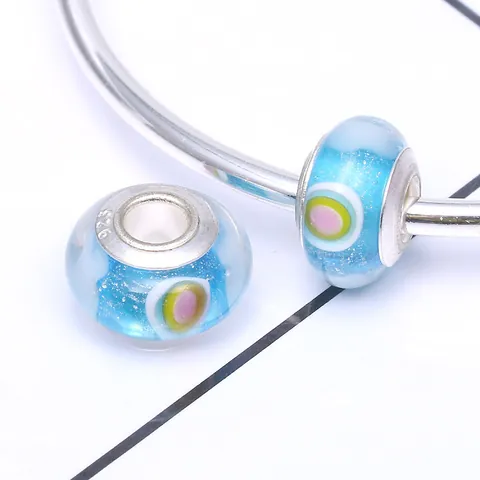 Bunte Regenbogen Lampwork Glasperlen Blau Transluzent Großes Loch Perle Mit Metalleinfassung DIY Schmuck Zubehör Für Armband Damen