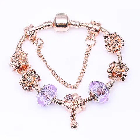 Roségold Charm Armband Lila Kristallperlen Blumen Schlangenkette Modeschmuck Für Damen Eleganter Romantischer Stil