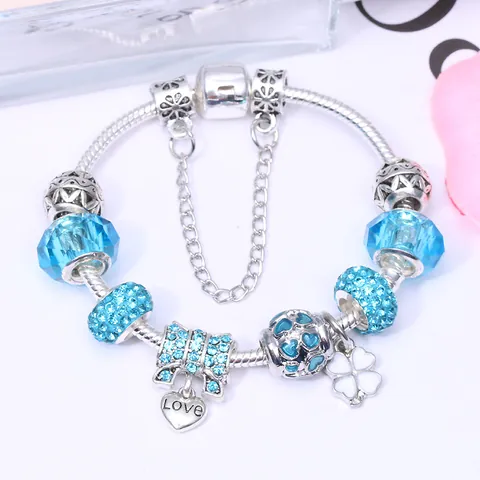 Versilbertes Schleife Herz Kleeblatt Charm Armband Blaue Glasperlen Zirkonia Schlangenkette Damen Schmuck
