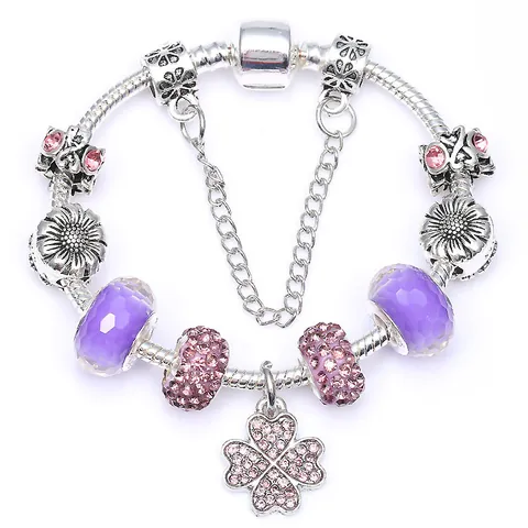 Sweet Purple Pink Crystal Bead Charm Bracelet Alloy Silver Snake Chain Four-Leaf Clover Sunflower Pendant For Women Jewelry