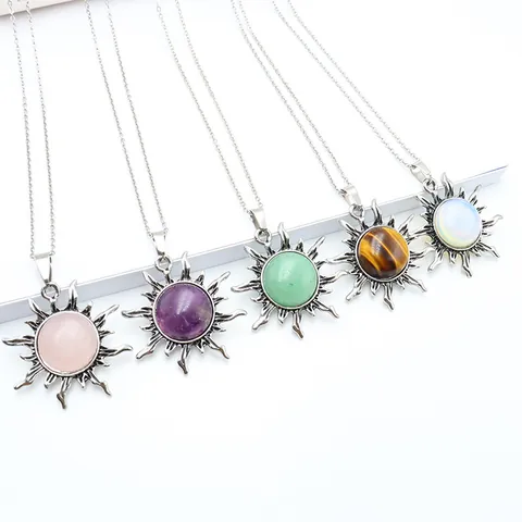 Collana con Pendente a Sole Vintage Con Catena in Acciaio Inossidabile Pietra Cristallo Naturale Ametista Gioielli Unisex
