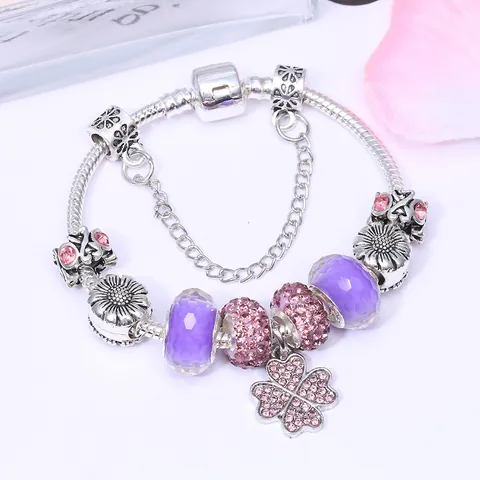 Sweet Purple Pink Crystal Bead Charm Bracelet Alloy Silver Snake Chain Four-Leaf Clover Sunflower Pendant For Women Jewelry