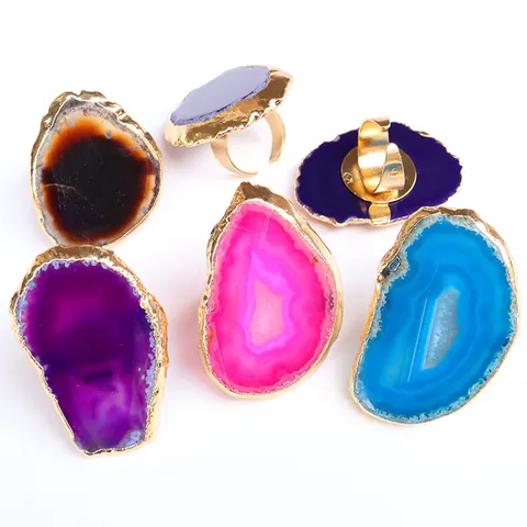 Bohemian Unregelmäßige Natürliche Achat Scheibe Offener Ring Für Damen Vergoldet Verstellbarer Rohstein Statement Ring Schmuck