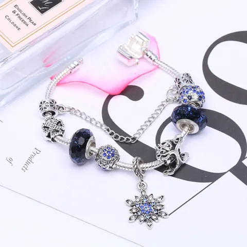 Bracelet Perlé avec Charm Flocon de Neige Bleu pour Femme Chaîne Serpent Plaqué Argent Bijoux Cadeau de Noël
