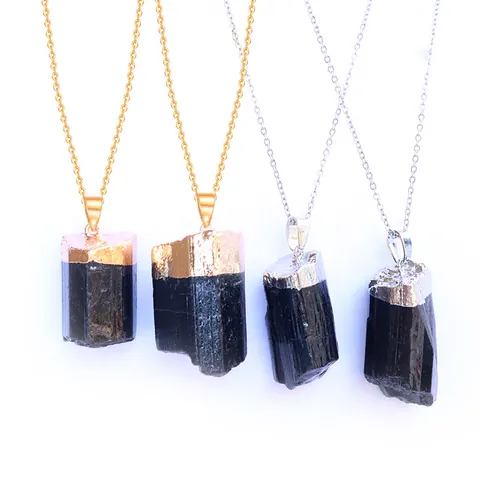 Pendente in Tormalina Nera Grezza Naturale Forma Irregolare Pietra Curativa Galvanizzato Oro Argento Pendant Only (Without Chain)