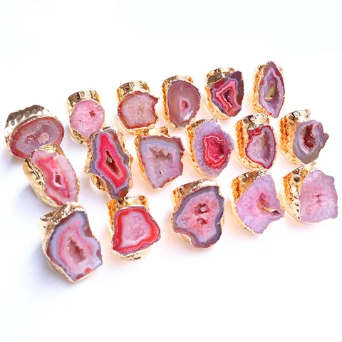Bague Ouverte Boho Géode d'Agate Naturelle Cristal Druzy Irrégulier Alliage Plaqué Or Bague Ajustable Bijoux