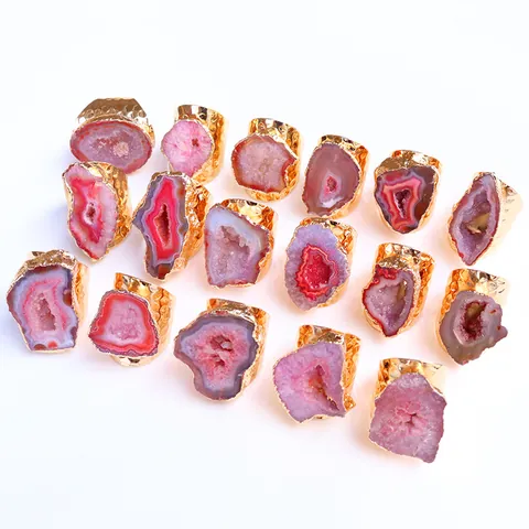 Bague Ouverte Boho Géode d'Agate Naturelle Cristal Druzy Irrégulier Alliage Plaqué Or Bague Ajustable Bijoux