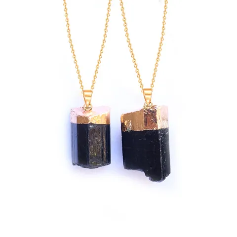 Pendente in Tormalina Nera Grezza Naturale Forma Irregolare Pietra Curativa Galvanizzato Oro Argento Pendant Only (Without Chain)