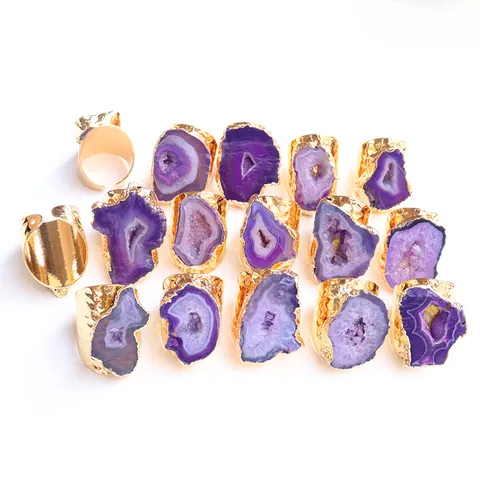 Bague Ouverte en Agate Violette Naturelle Irrégulière Femme Plaqué Or Cuivre Martelée Bohème Bague Réglable Bijoux