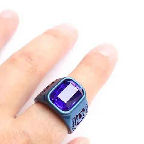 Herren Edelstahl Ring Mit Rechteckigem Zirkonia Retro Punk Geprägtes Design Blau Schwarz Mode Schmuck Bandring