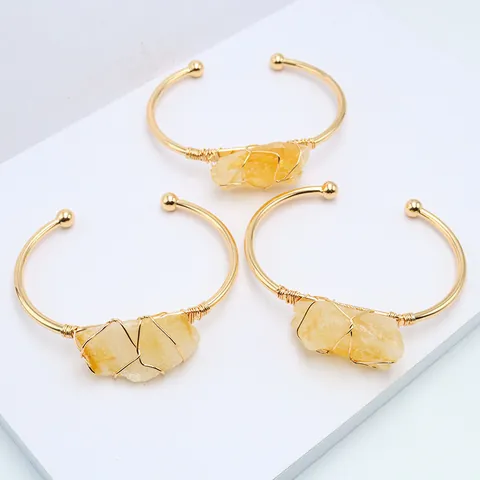 Brazalete Abierto de Citrina Natural en Bruto Envuelto en Alambre Cobre Chapado en Oro Ajustable Pulsera de Piedra de Cristal Irregular