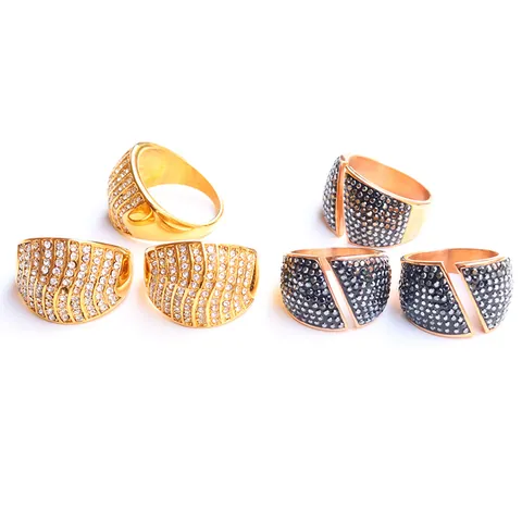 Übertriebener Breiter Edelstahl Ring Für Damen Geometrisches Wellenmuster Strass Eingelegt Gold Roségold Schwarz Ring Schmuck