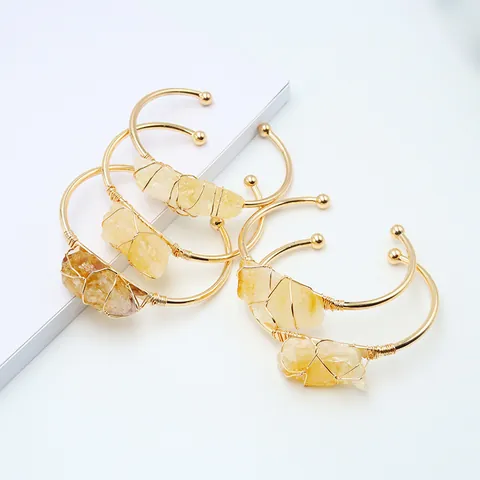 Brazalete Abierto de Citrina Natural en Bruto Envuelto en Alambre Cobre Chapado en Oro Ajustable Pulsera de Piedra de Cristal Irregular
