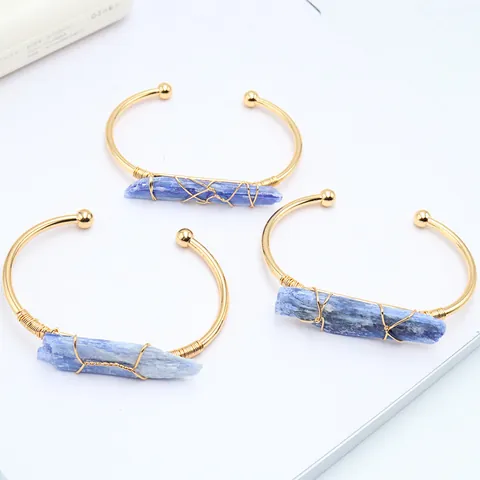 Brazalete Abierto de Cobre Chapado en Oro Envuelto en Alambre a Mano Piedra Natural Ágata Cristal Ajustable Joyería Mujer