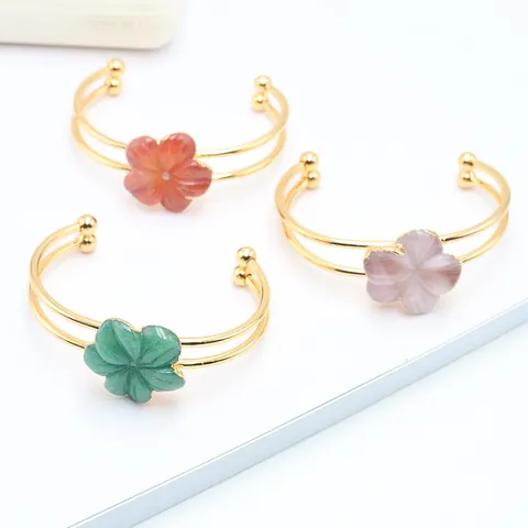 Vintage Carved Flower Natural Stone Double Wire Cuff Bangle For Women Gold Plated Rose Quartz Green Aventurine Adjustable Jewelry Bracelet