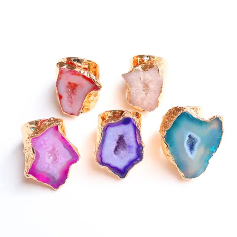Bohemian Irregular Natural Agate Druzy Geode Open Ring For Women Brass Gold Plated Adjustable Hammered Texture Ethnic Finger Ring Jewelry