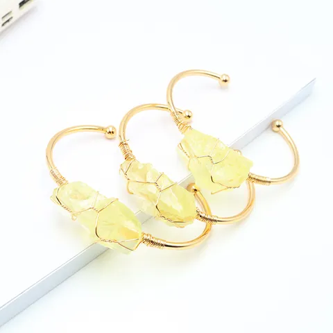 Brazalete Bohemio de Citrino Natural Piedra en Bruto Envuelto en Alambre Para Mujer Cobre Chapado en Oro Cristal Irregular