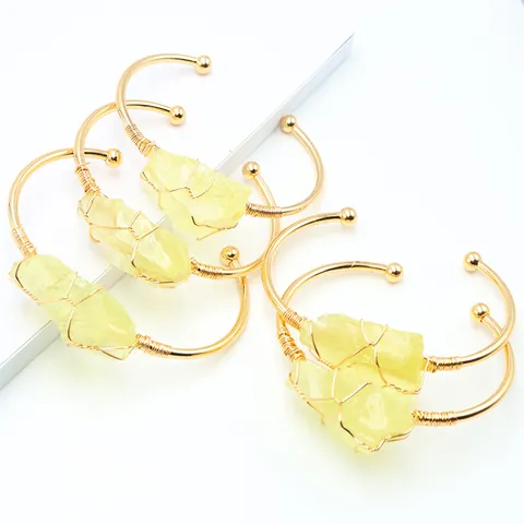 Brazalete Bohemio de Citrino Natural Piedra en Bruto Envuelto en Alambre Para Mujer Cobre Chapado en Oro Cristal Irregular