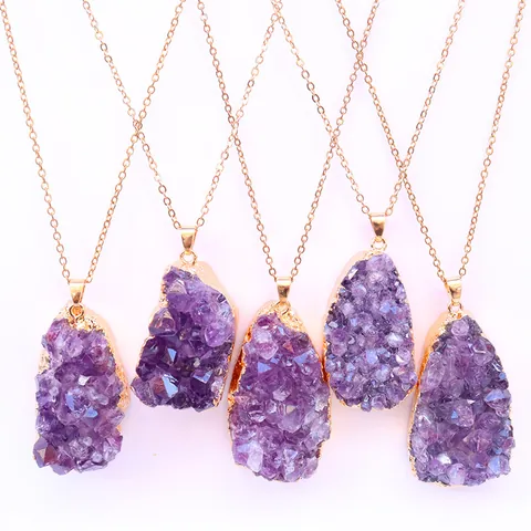 Natürlicher Amethyst Cluster Rohstein Anhänger Vergoldet Messing Kante Unregelmäßiger Druzy Kristall Nur Anhänger Ohne Kette DIY Schmuck