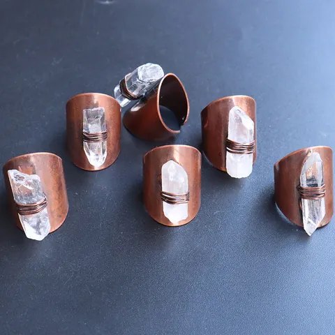 Vintage Natural White Crystal Raw Stone Ring Hand Wrapped Copper Wire Irregular Point Adjustable Wide Band Bohemian Jewelry