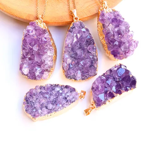 Natürlicher Amethyst Cluster Rohstein Anhänger Vergoldet Messing Kante Unregelmäßiger Druzy Kristall Nur Anhänger Ohne Kette DIY Schmuck