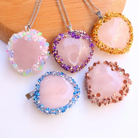 Natürlicher Rosenquarz Herz Anhänger Strass Rand Bohemian Stil Nur Anhänger Ohne Kette Für Damen Mode Schmuck