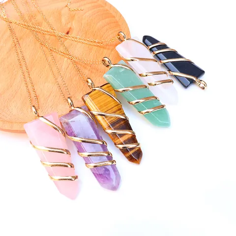 Hexagonal Column Natural Stone Pendant Wire Wrapped Crystal Healing Stone Rose Quartz Amethyst Pendant Only