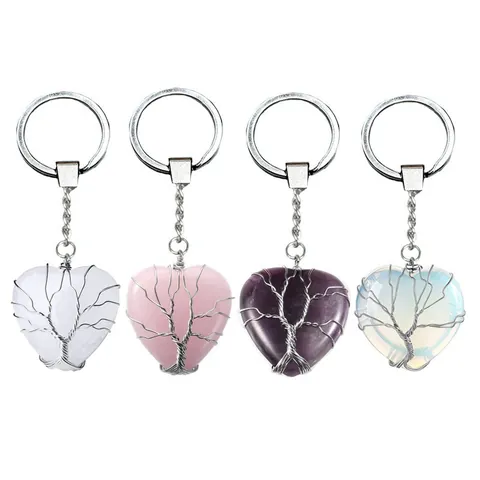 Handmade Natural Stone Heart Tree Of Life Wire Wrapped Keychain Healing Crystal Pendant For Women Men Bag Accessories