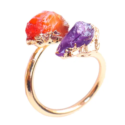 Natural Red Agate Amethyst Open Ring Adjustable Irregular Raw Stone Gold Plated Bohemian Jewelry For Women