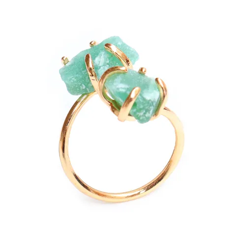 Natürlicher Rohstein Grün Fluorit Weiß Kristall Achat Verstellbar Offener Ring Vergoldet Minimalistischer Bohemian Damen Schmuck